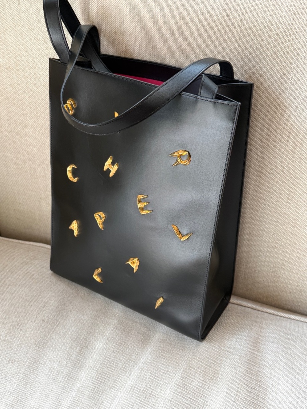 Schiaparelli Gold Plated Bijoux Embellished Black North South Leather Tote bag